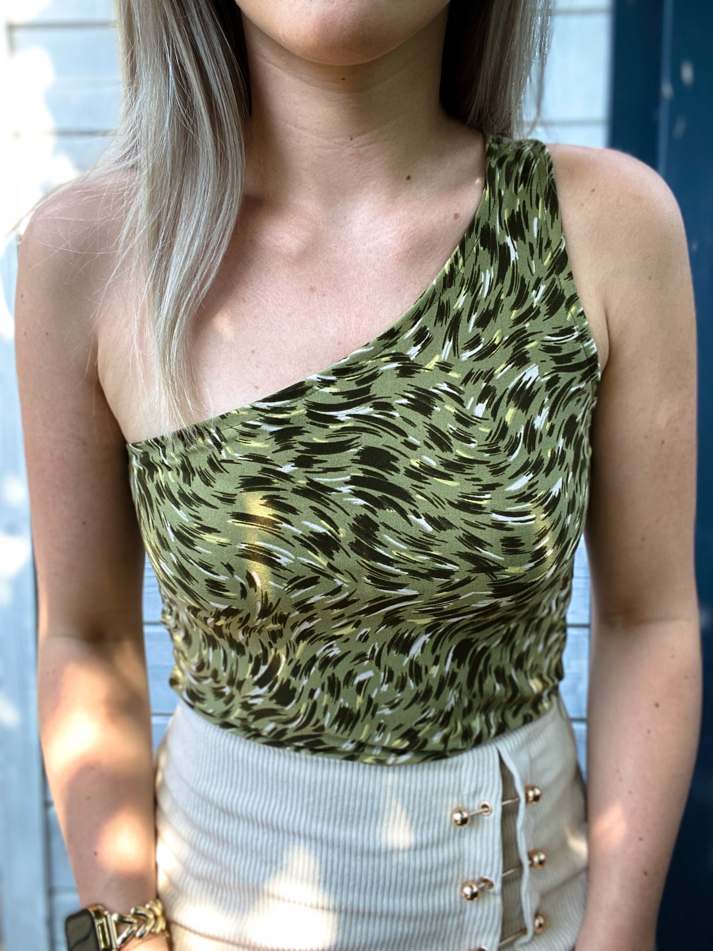 One Shoulder Top Stripes Green